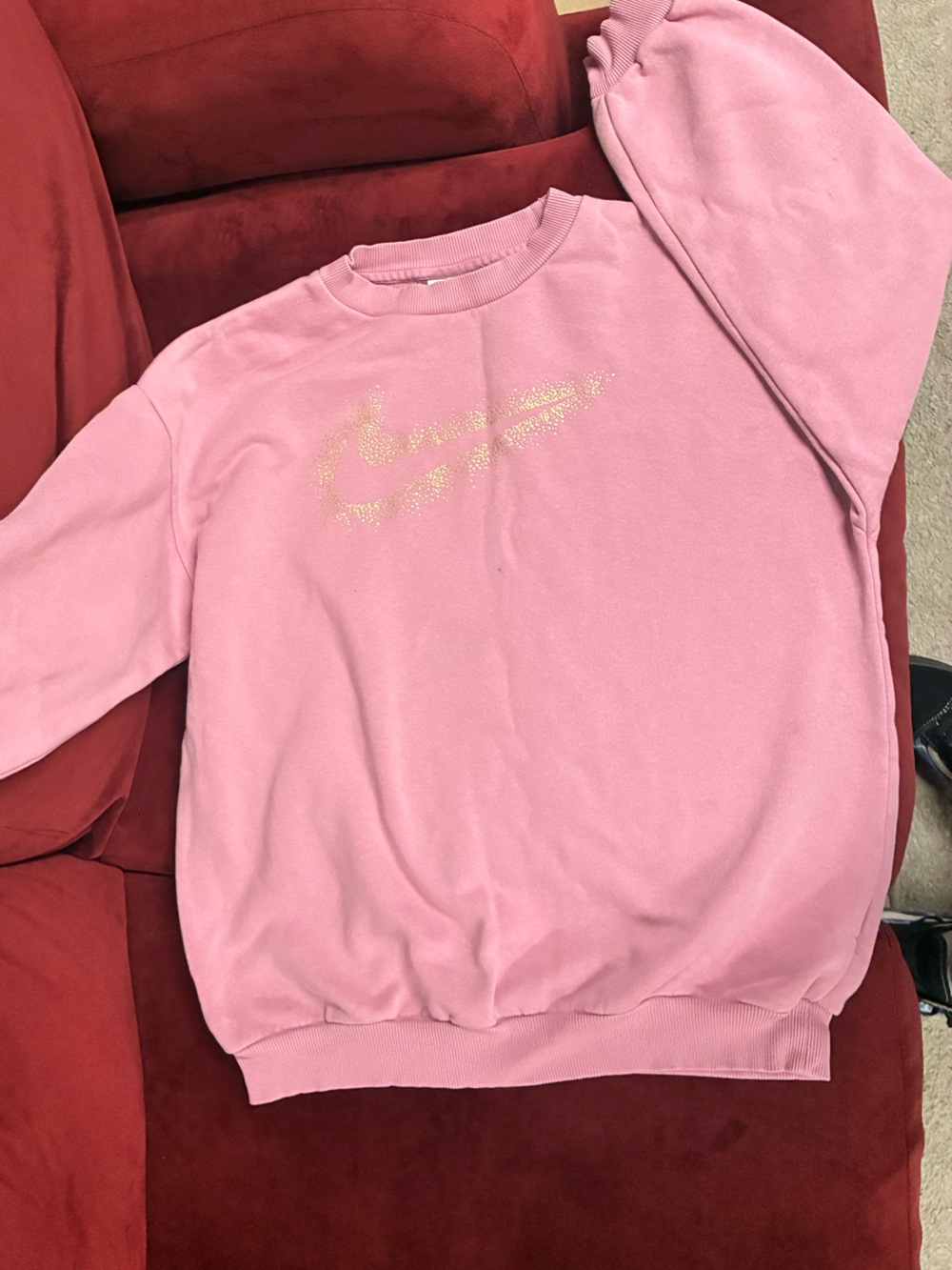 Nike Pink Crew Sweatshirt with Gold Glitter Swoosh